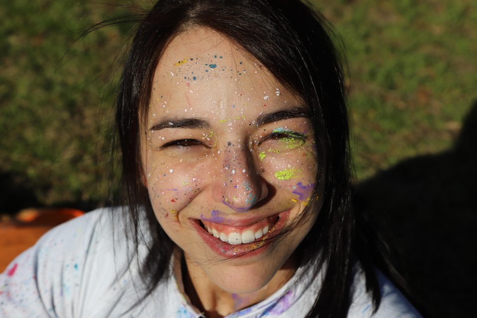 Michelle "Bubbles" smiles after her first jump in a Liquid Sky suit